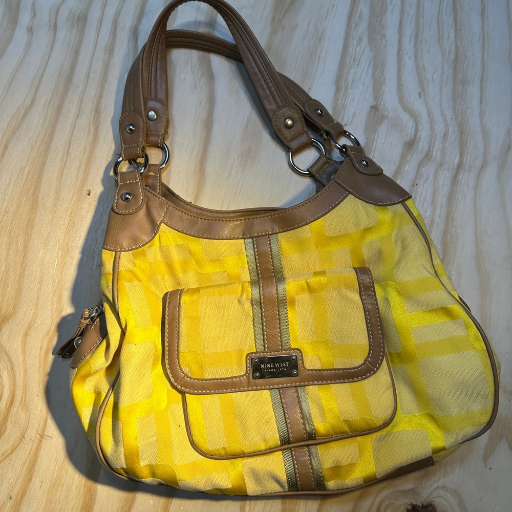 Nine West Yellow Geometric Jacquard Shoulder Bag Tan Trim